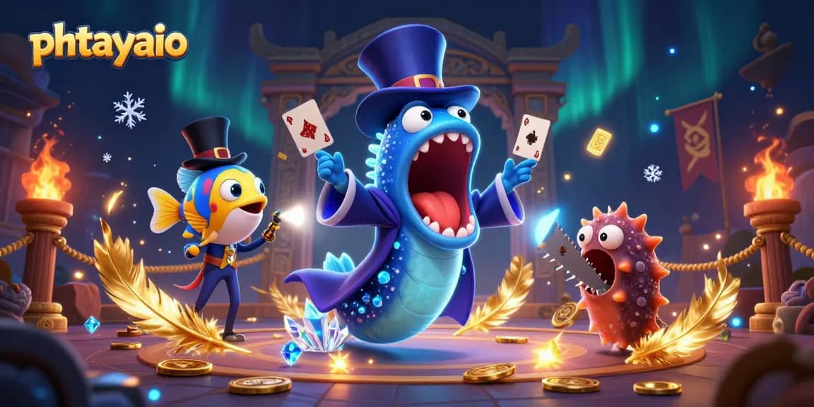 Phtayaio showcases thrilling card tricks by a deep-sea eel and friends in a captivating casino scene.