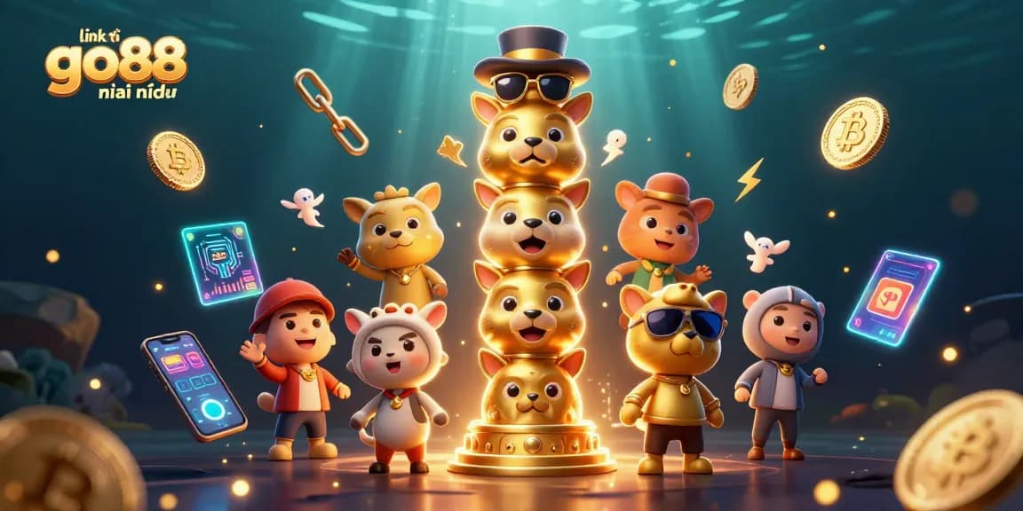 Experience the excitement of link tải go88 mới nhất with 3D cartoon characters showcasing vibrant gaming elements and glowing coins.