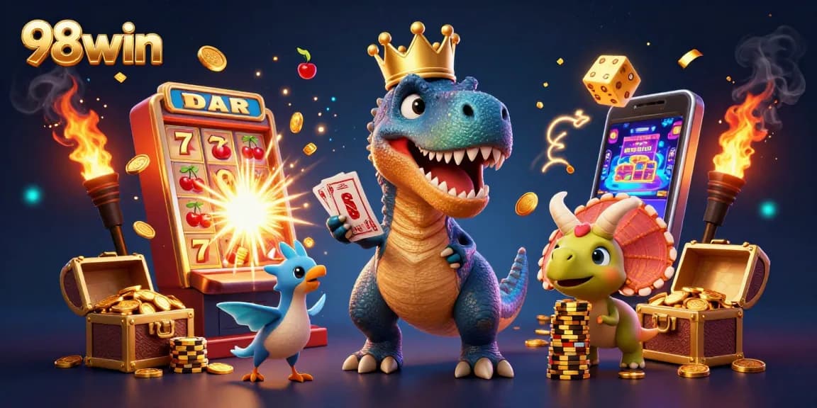 Engage in thrilling gameplay with 98win as T-Rex shuffles cards towards jackpot triumph with gold coins.
