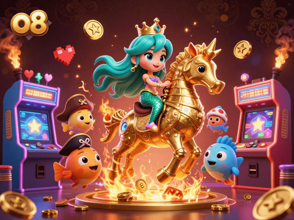 Engage in vibrant gaming action with O8's 3D mermaid ride, surrounded by colorful arcade elements.