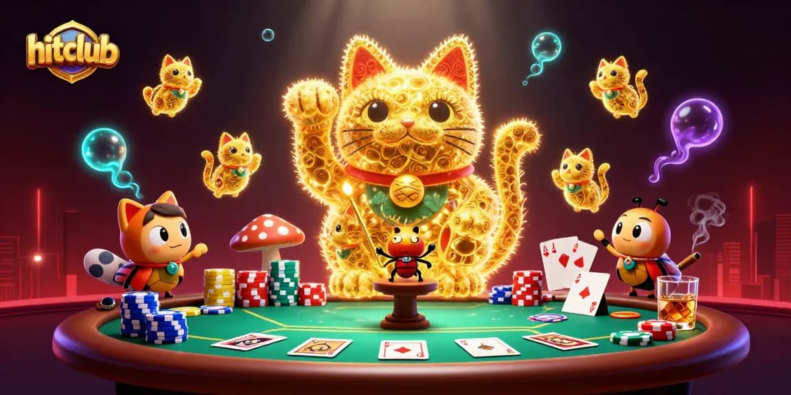 Hitclub's golden lucky cat illustration showcases vibrant casino symbols, enhancing your gaming experience.