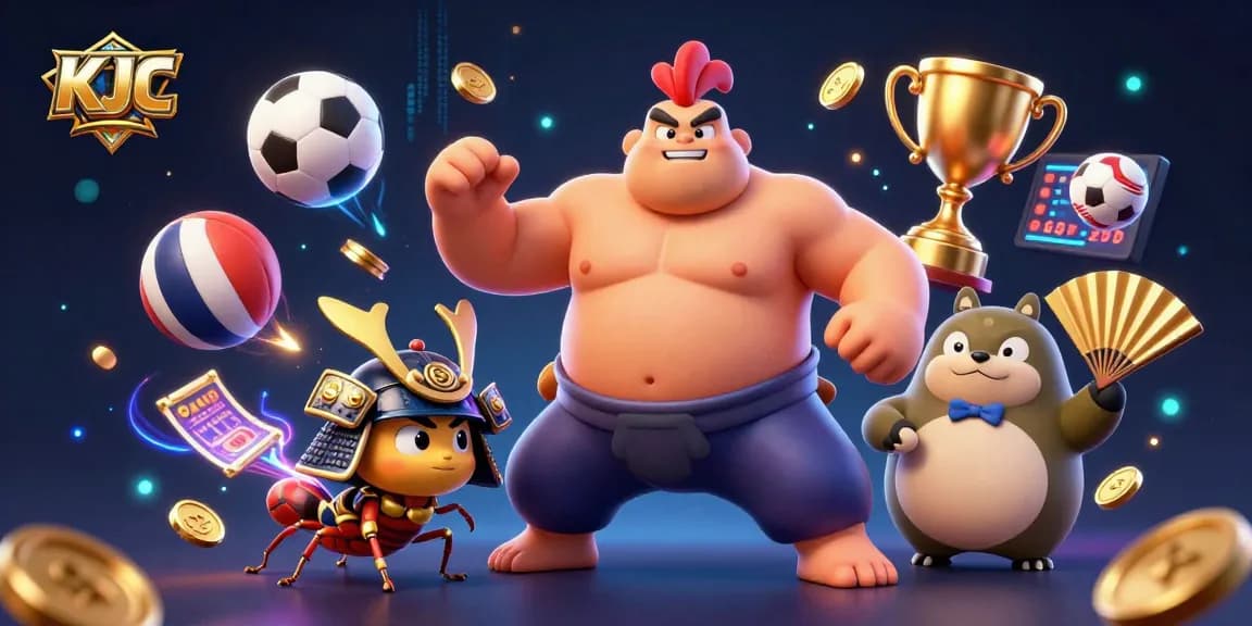 KJC showcases a dynamic scene with a powerful sumo rooster and an energetic cricket, perfect for sports betting excitement.