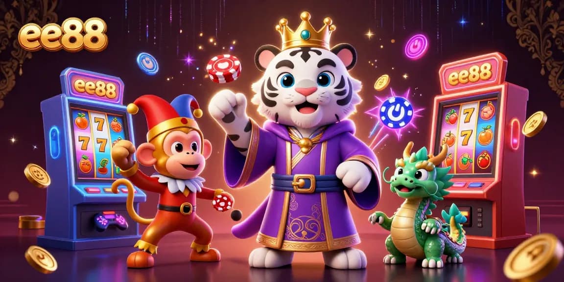 Experience ee88's captivating casino world with vivid characters, slot games, and vibrant animations.