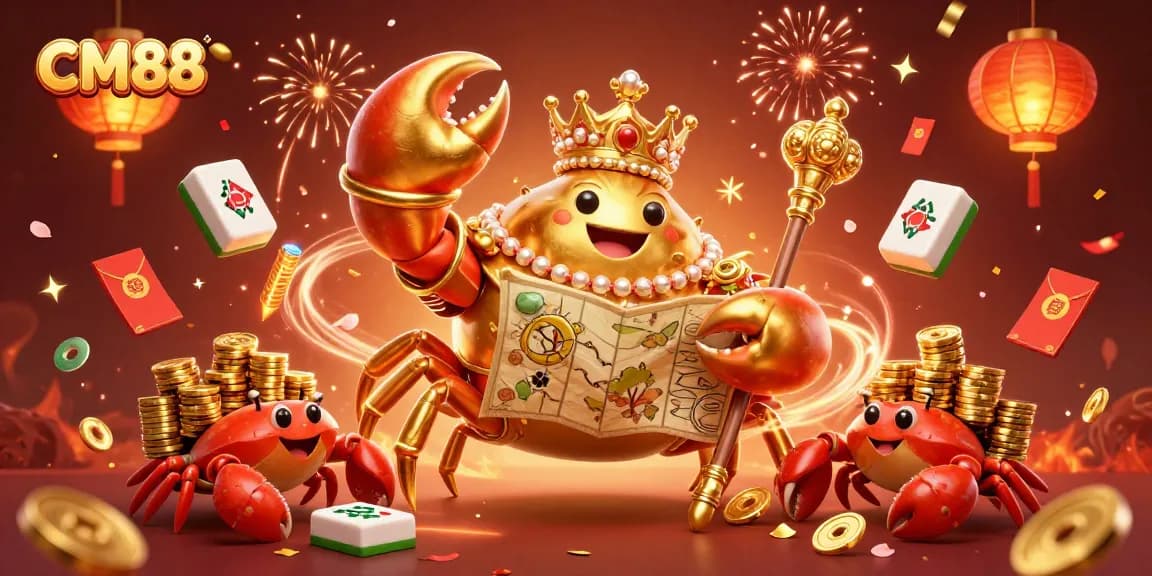 Experience vibrant casino excitement with CM88’s dynamic golden crab emperor illustration, surrounded by festive gaming elements.