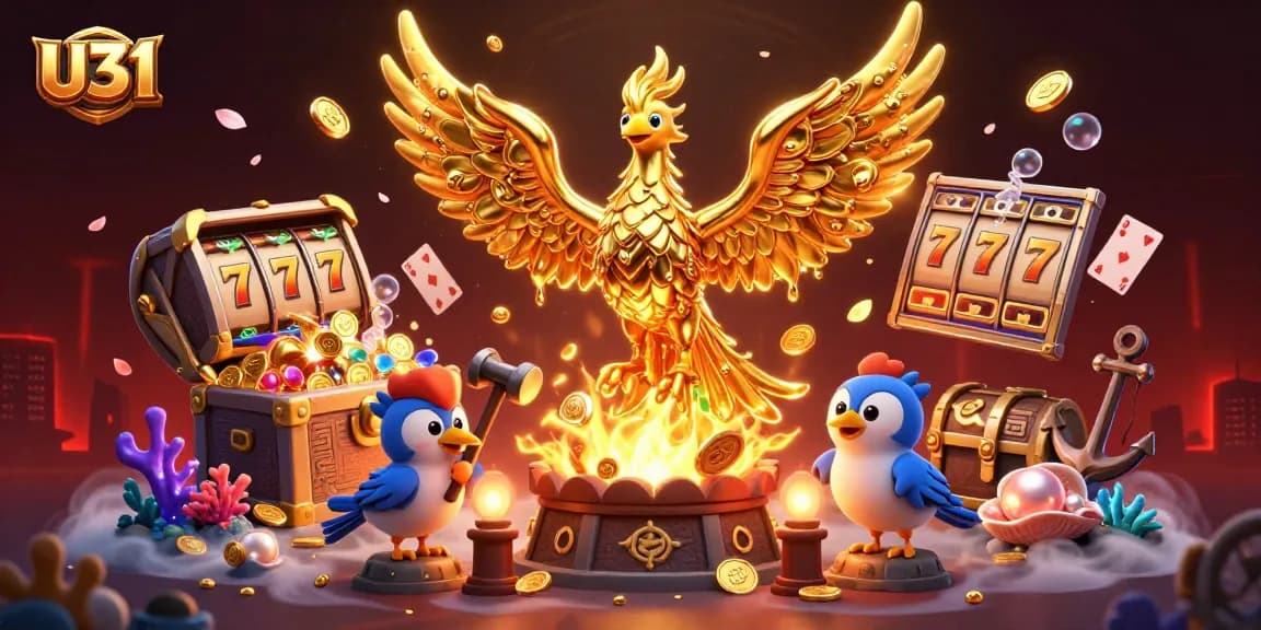 Play exciting slots at U31 with the golden phoenix and dramatic casino elements in a vibrant 3D scene.
