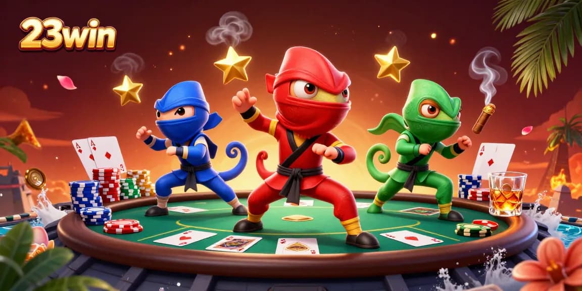 Experience thrilling action with 23win as chameleon ninjas engage in exciting poker games.