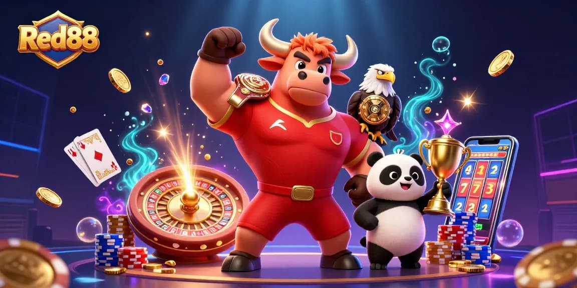 Experience the excitement of Red88 with a victory pose by a bull mascot, coins, and gaming elements.