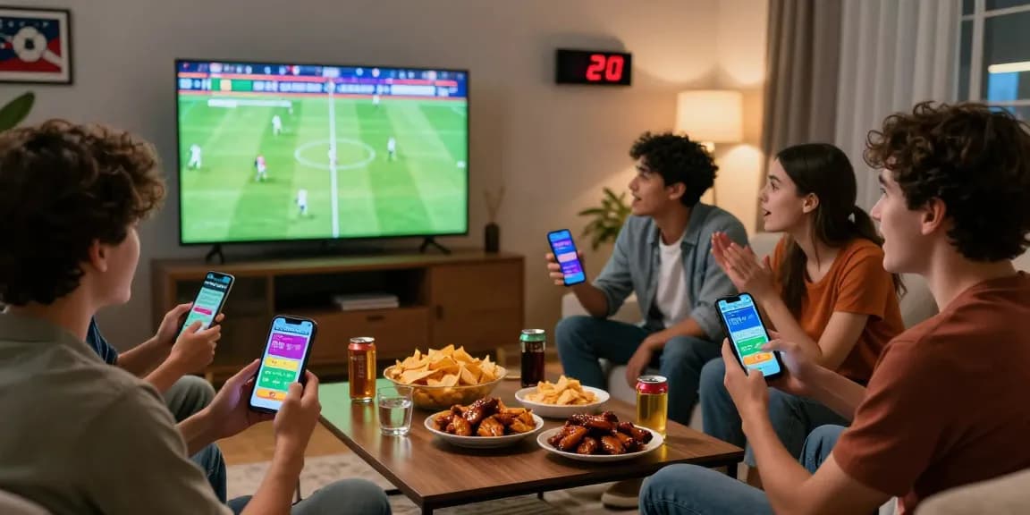 Friends engaging in live betting on BOLA88 while watching a football match.