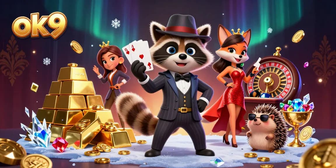 Experience the thrill of winning at ok9 with a charismatic raccoon, elegant fox, and hedgehog bouncer surrounded by casino riches.