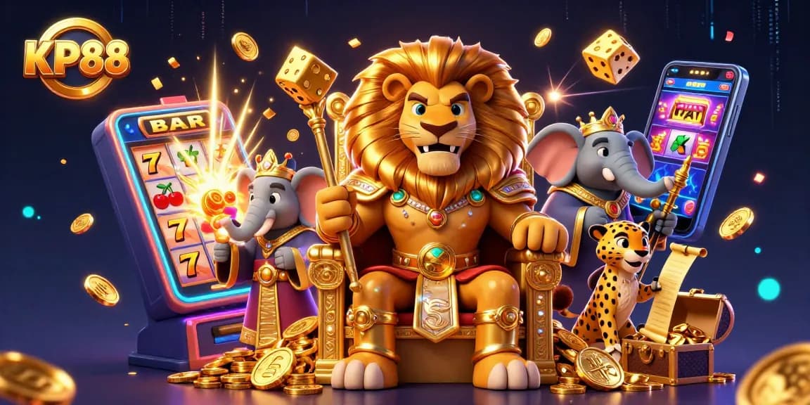 Spin the reels at KP88 with exciting jackpots from vibrant slot machines and a lion king at the center.