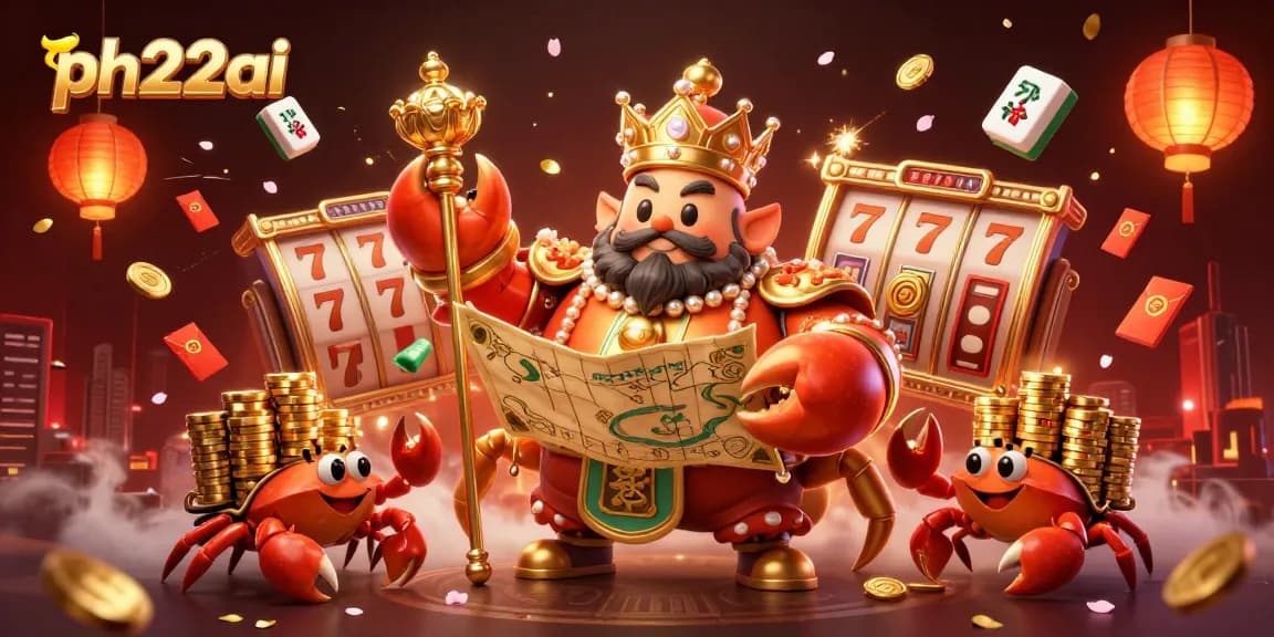 Experience winning moments with ph22ai in this vibrant illustrated casino scene featuring a golden crab and dynamic gaming elements.