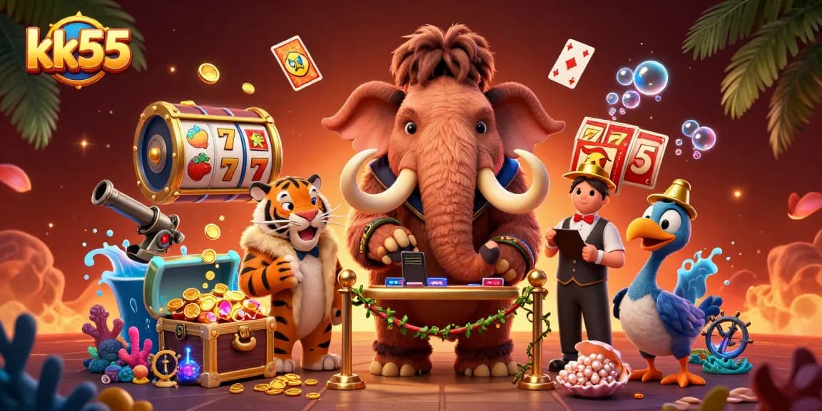 Experience the excitement of kk55 with a vibrant casino scene featuring unique characters and rich gaming elements.