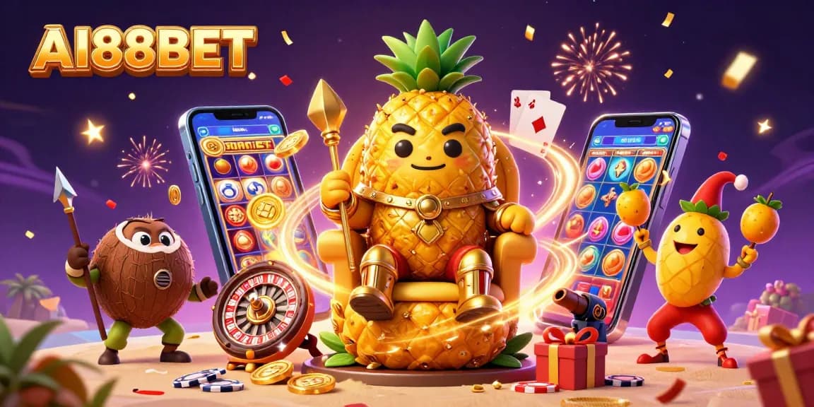 Experience the vibrant world of AI88BET with a gold pineapple king surrounded by joyful casino elements.