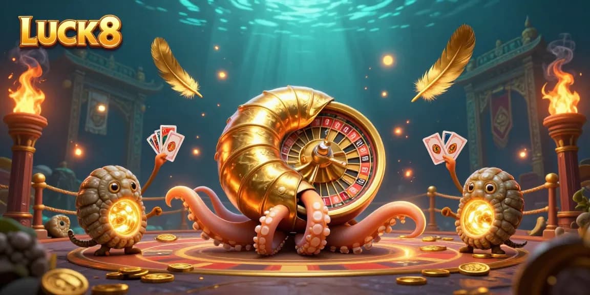 Engage with LUCK8's thrilling gameplay featuring a nautilus roulette wheel in an ornate underwater setting.
