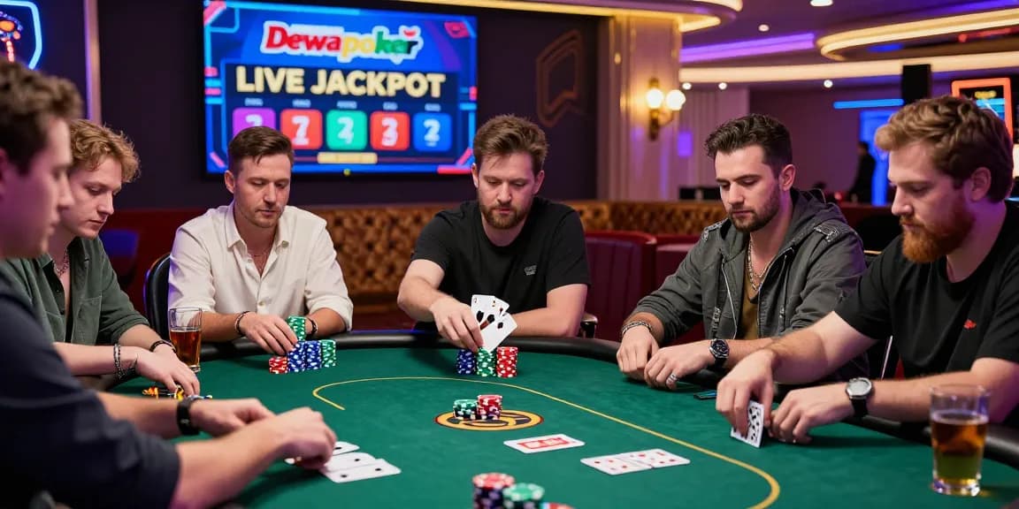 Dewapoker Live Jackpot exciting casino gaming scene with players competing at poker table.