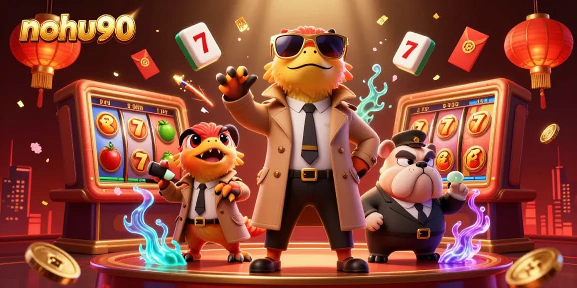 Nohu90 raptors in trench coat hilariously attempting VIP casino entry surrounded by vibrant gambling elements