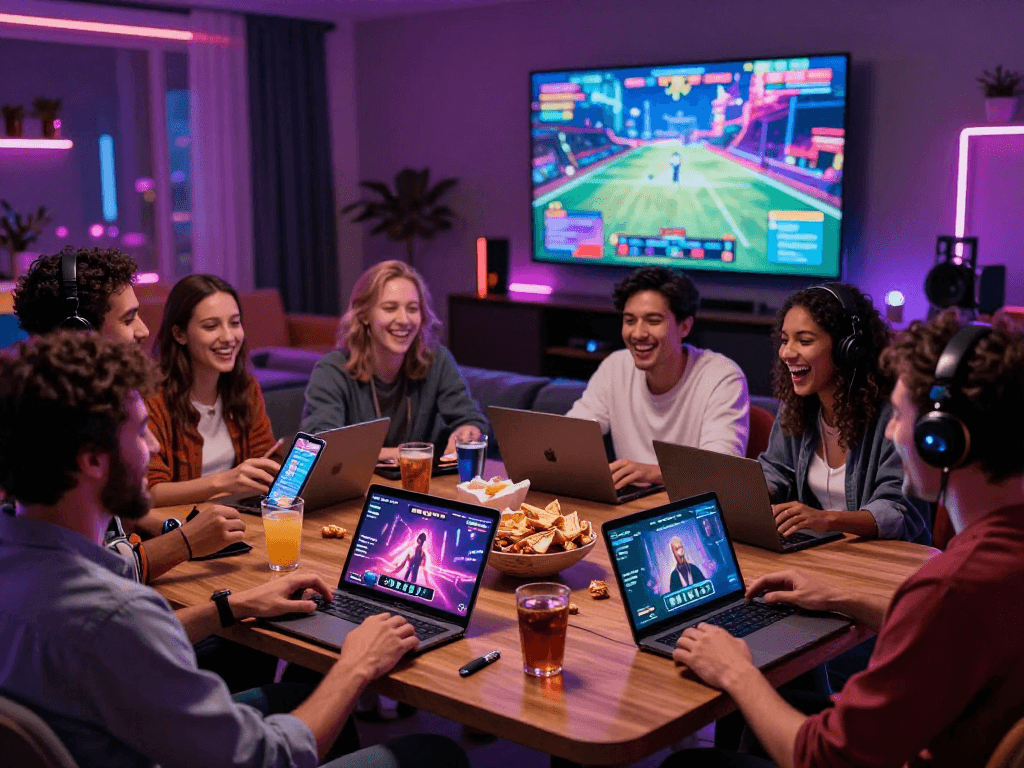 Adults enjoying engaging porn games together in a vibrant lounge setting, showcasing a fun gaming atmosphere.