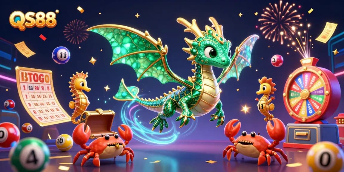 Engage with vibrant games at QS88 featuring a dazzling sea dragon and lottery balls, offering thrilling adventures.