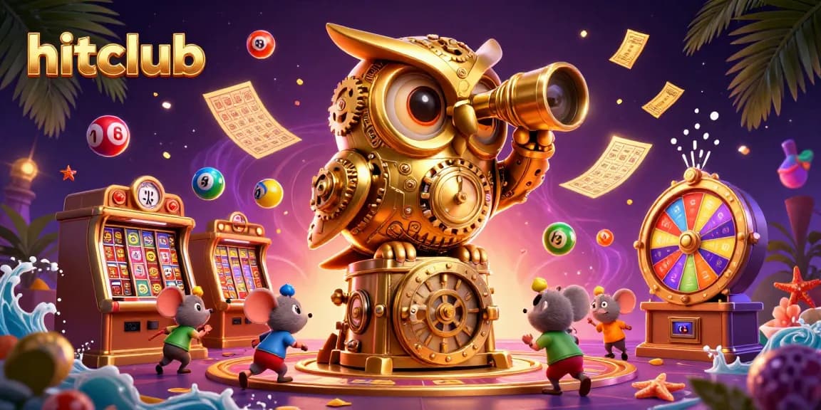 Engage with hitclub's vibrant casino floor, featuring a dynamic scene of playful characters amidst exciting gaming elements.
