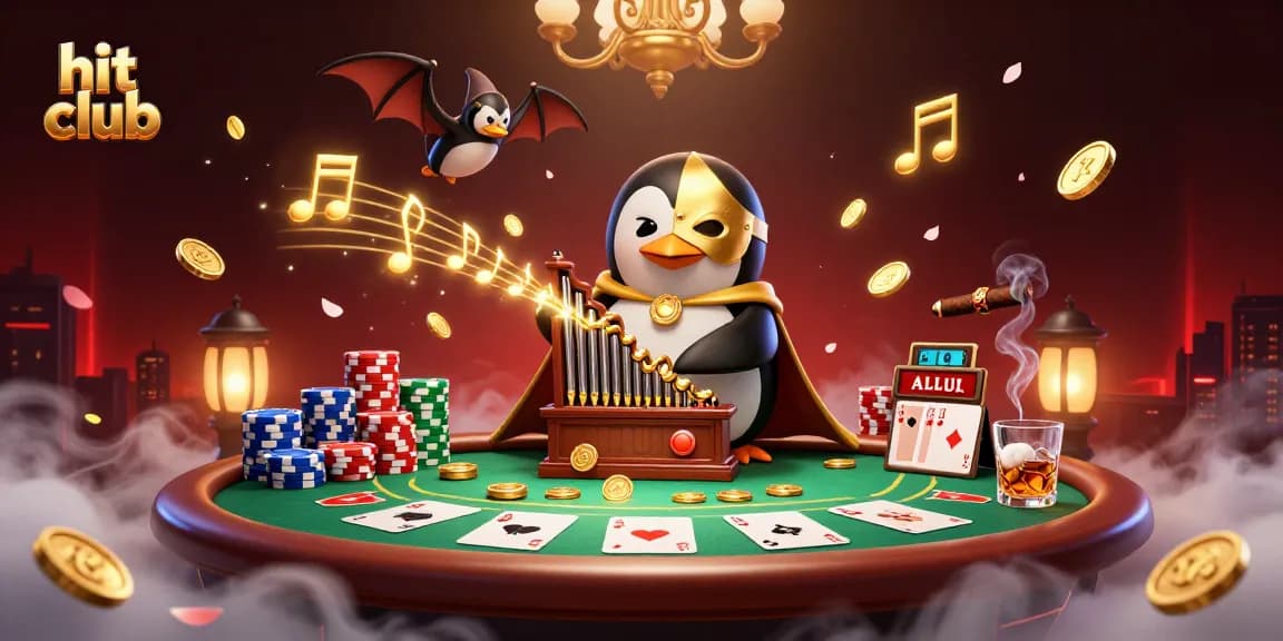 Hit club offers an exhilarating scene of a penguin organist and poker elements illustrating vibrant casino excitement.