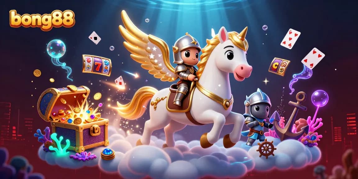Bong88 offers exciting wins in this vibrant casino-themed illustration, showcasing a celestial horse and gaming treasures.