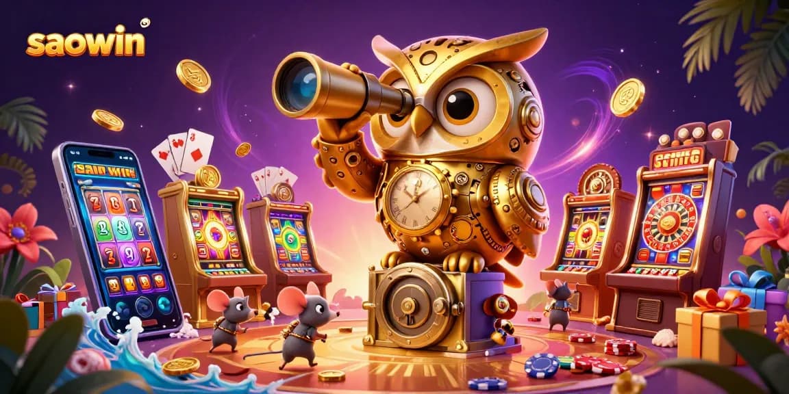 Experience saowin's vibrant casino floor with an owl overseeing spinning slot games and lively patrons.