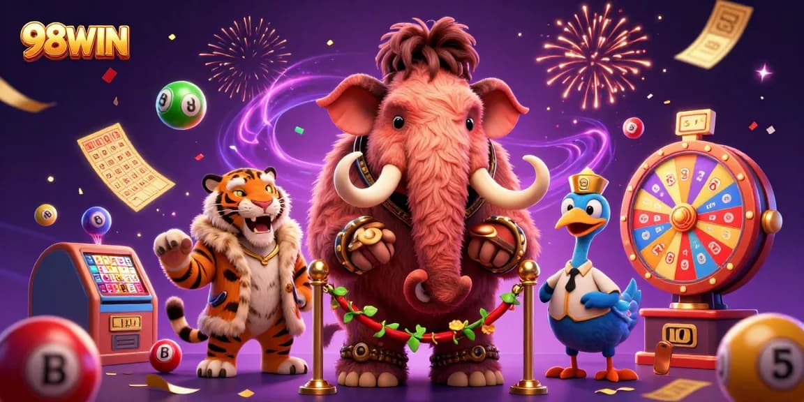 Experience the excitement of 98WIN with a fun casino scene featuring unique characters.