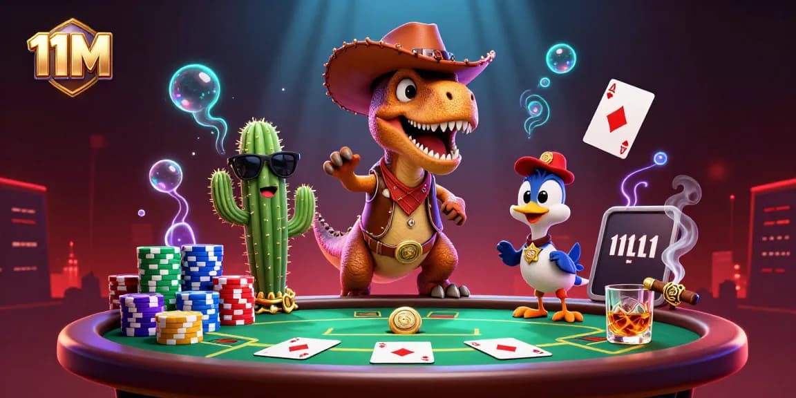 Engage with dynamic poker action in the 11M-themed casino scene featuring colorful elements and characters.