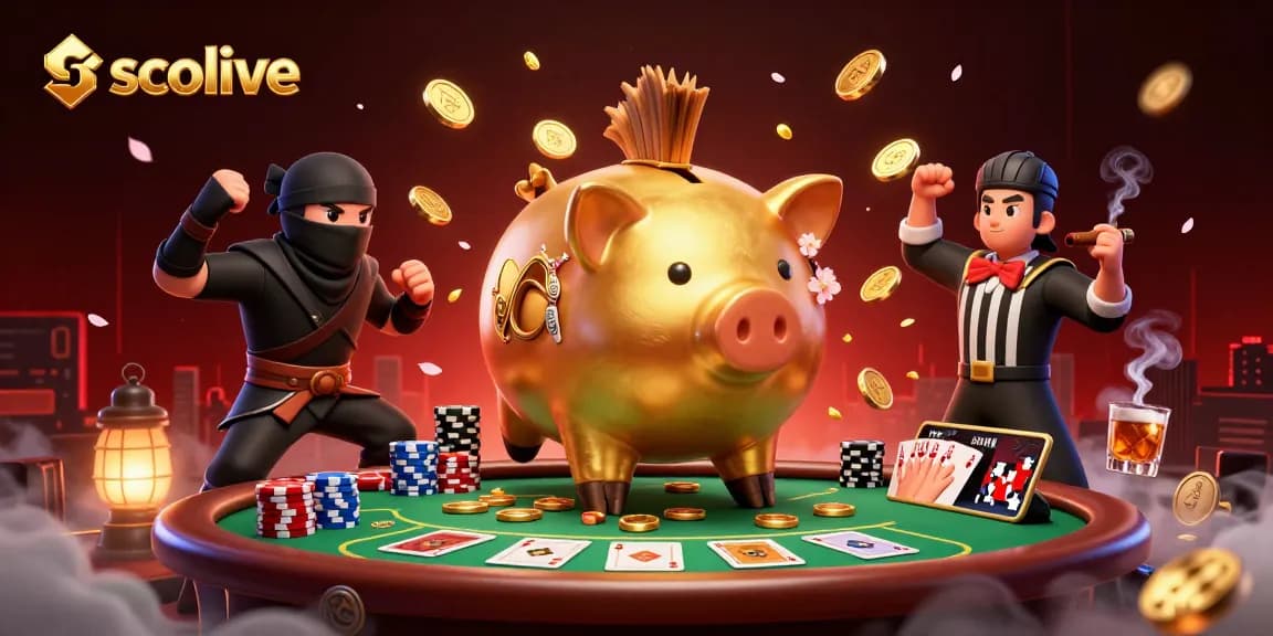 Socolive brings excitement with a 3D scene featuring a golden piggy bank sumo wrestler and poker elements.