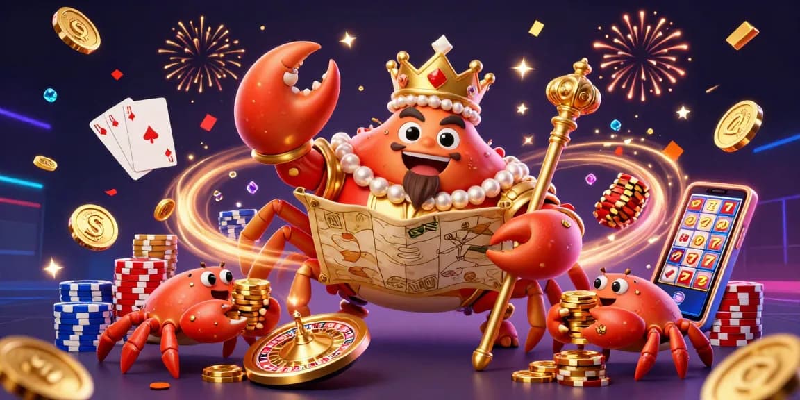 SboBet's captivating casino experience with golden crab emperor, treasure map, and dynamic casino elements.