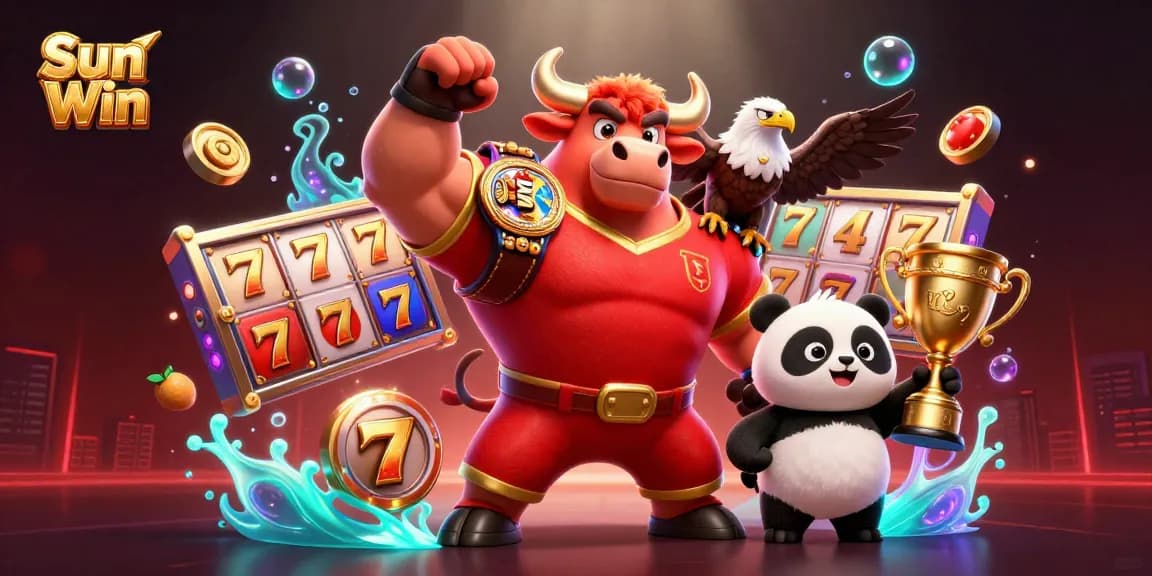 Engage with Sun Win's vibrant gaming experience featuring a 3D bull mascot celebrating a big win amid floating slot game elements.