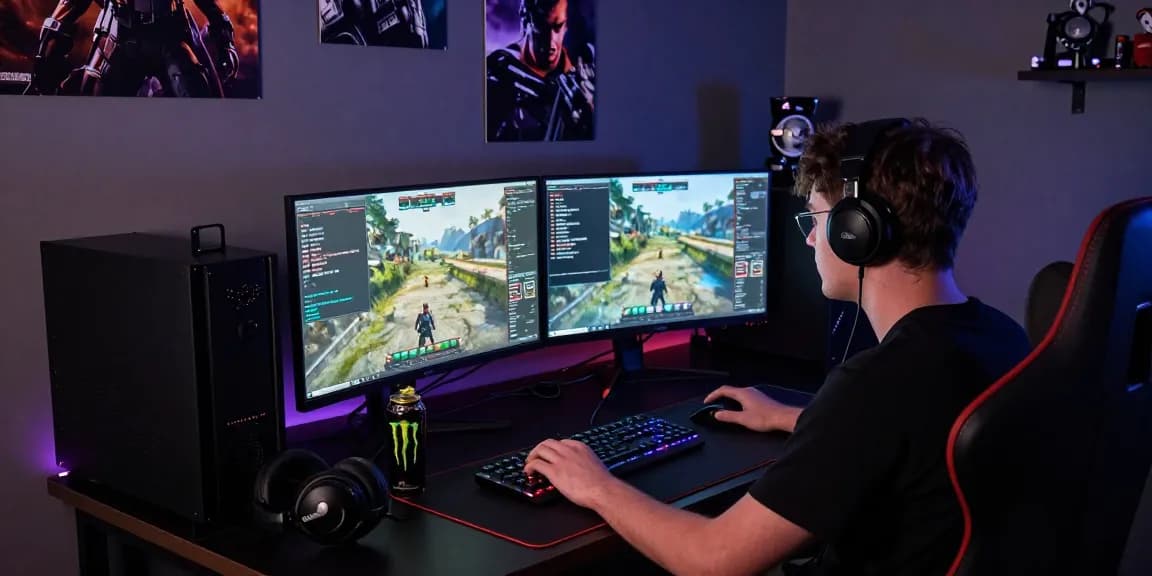 A young gamer engaged with Arma 3 using PROOFCORE.IO cheats in an immersive gaming setup.