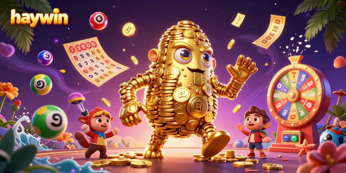 Experience excitement at Haywin with vibrant lottery elements and a golden golem symbolizing prosperity.