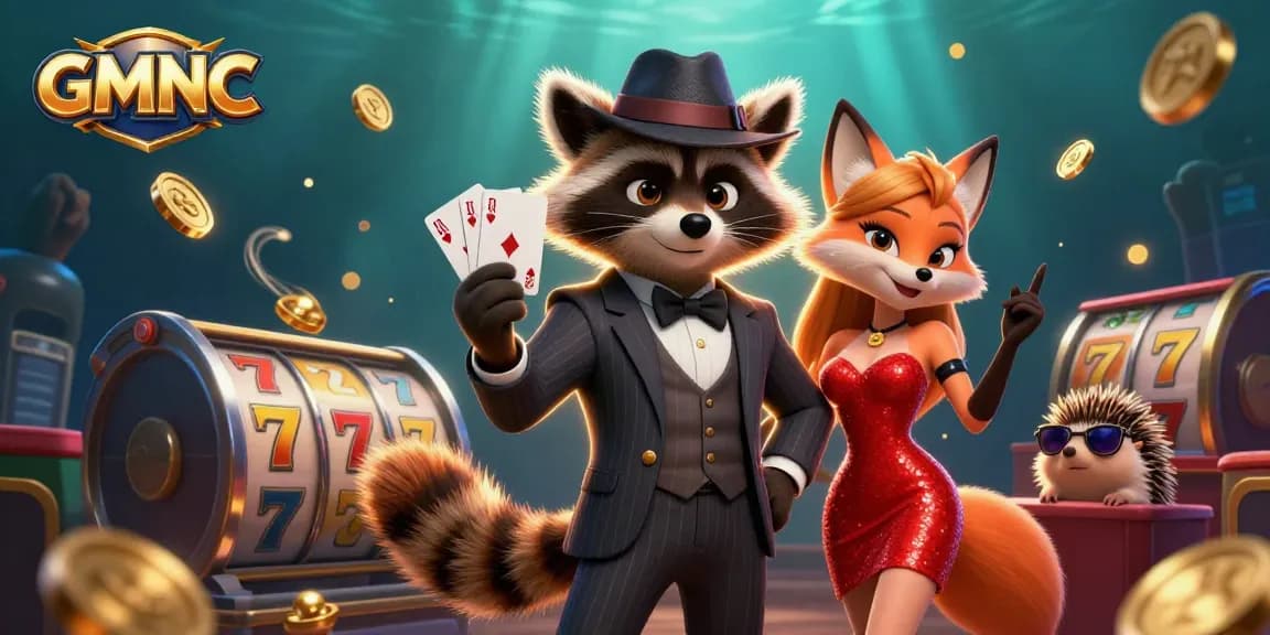 GMNC showcases high-stakes excitement with a raccoon holding a royal flush amidst vibrant casino elements.