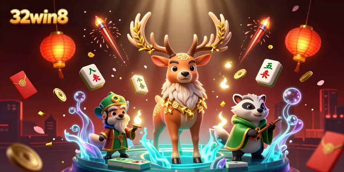 Experience vibrant gaming atmosphere at 32win8 with floating mahjong tiles and enchanting druid characters.
