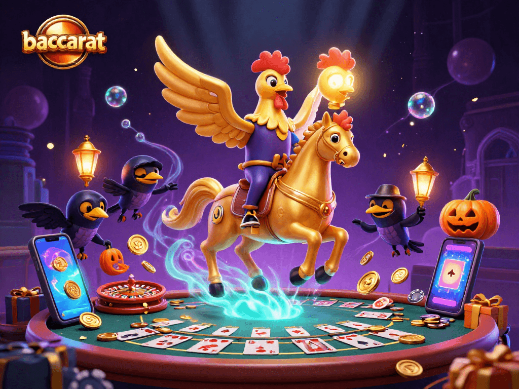 Baccarat excitement with a golden rooster and casino elements creating a vibrant gaming scene.