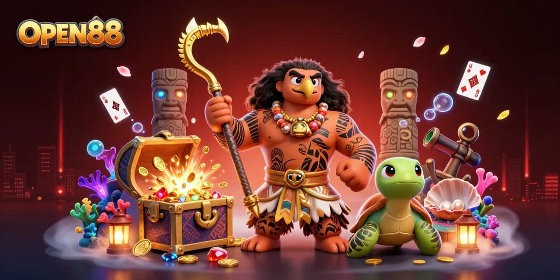 Experience the excitement of OPEN88 with a dynamic 3D casino scene featuring adventure themes and vibrant characters.