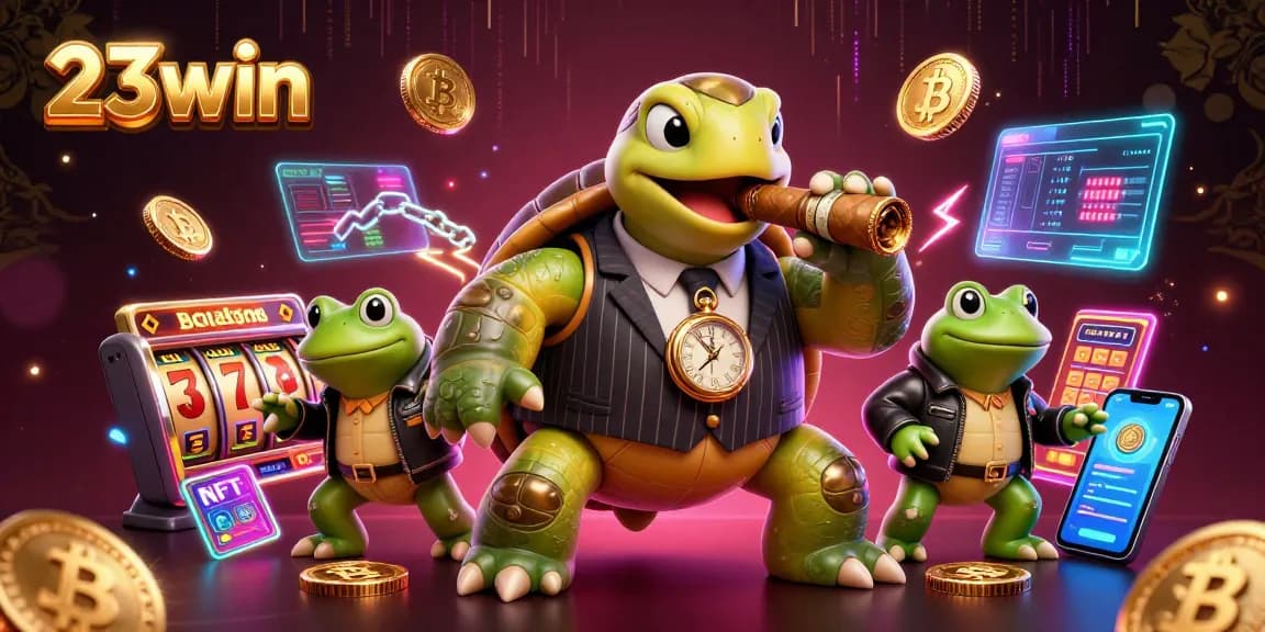 Engage in thrilling action at 23win with our dynamic casino scene featuring vibrant graphics and crypto elements.