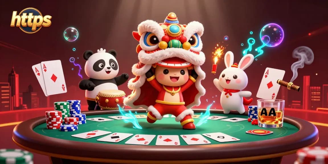 Engage with thrilling online gaming at https, witnessing a spectacular lion dance amidst poker elements.