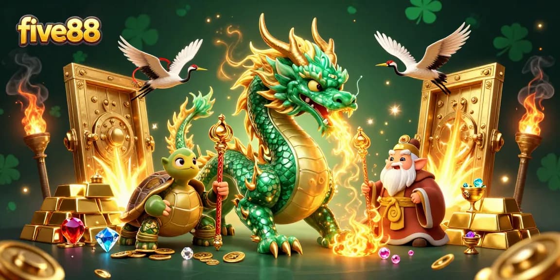Experience the thrill of five88 with a 3D illustration featuring a majestic dragon and treasures!