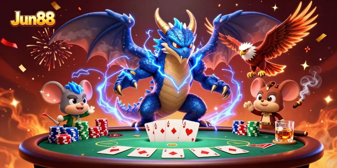 Engage with Jun88's vibrant 3D casino scene featuring poker action, chips, and dynamic characters.