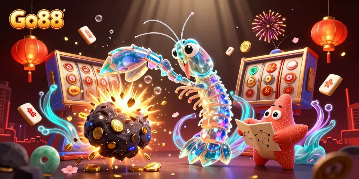 Go88's dynamic gaming scene showcases winning slots, vibrant lights, and energetic characters.