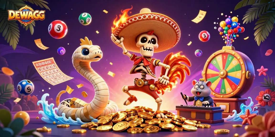 Experience gaming excitement with DEWAGG as colorful balls and golden tickets celebrate wins.