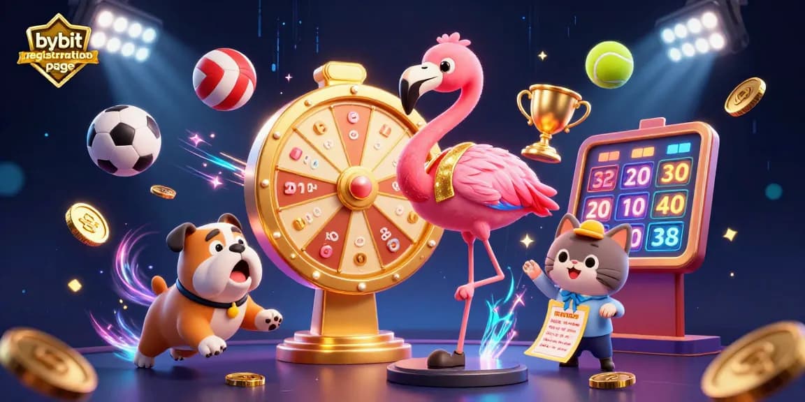 Engage with the bybit registration page as a flamingo host spins a prize wheel among dynamic sports elements.
