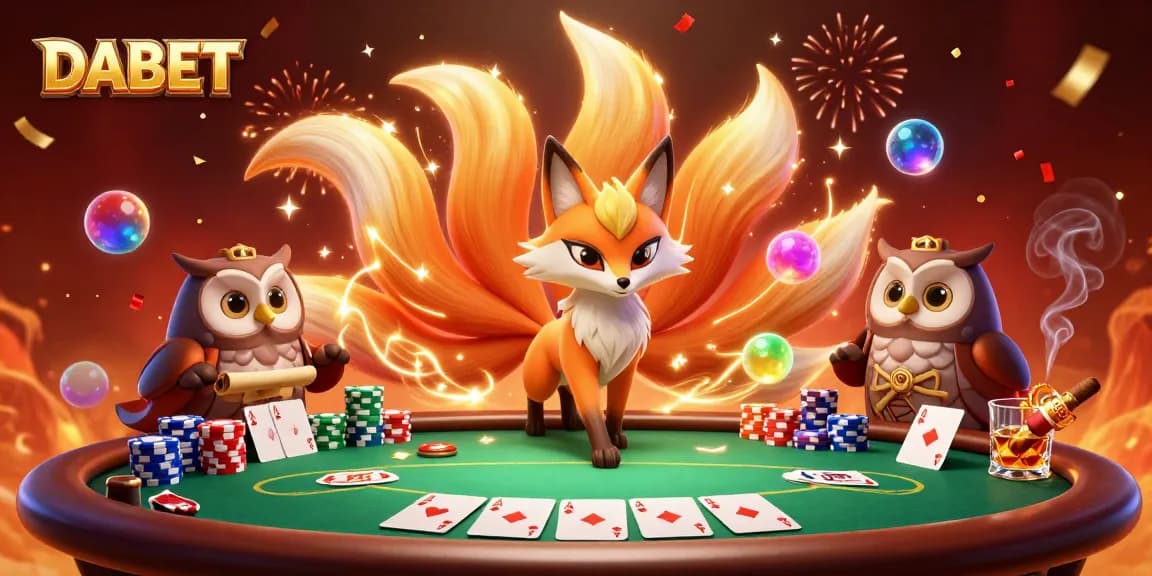 DABET's vibrant poker scene showcases a mystical nine-tailed fox spirit and an owl sage amid colorful chips and cards.