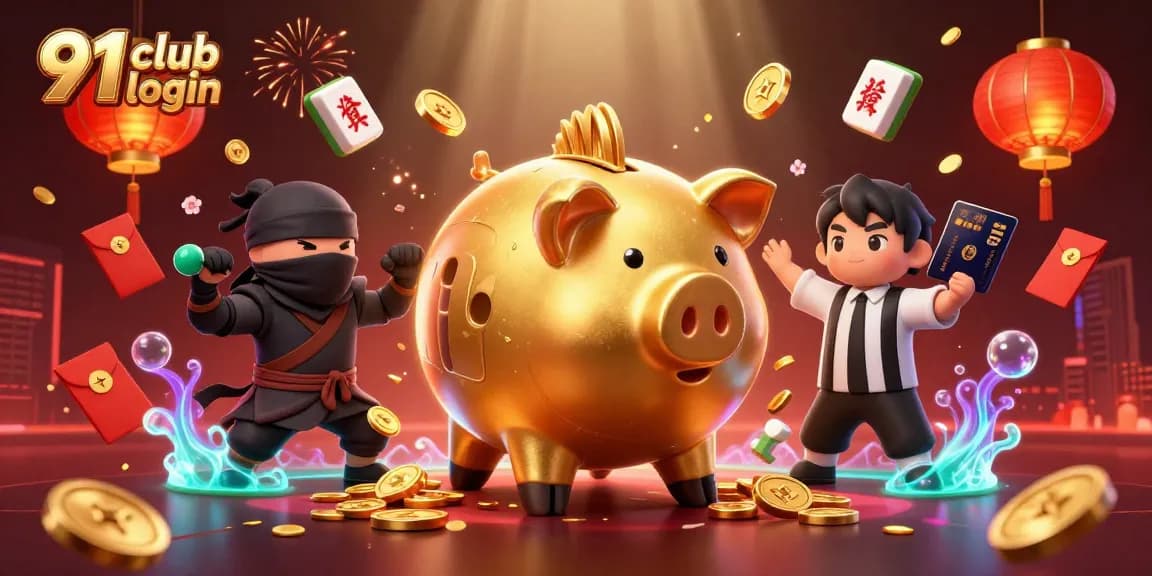Engage in 91 club login with a dynamic scene featuring gold coins, characters, and vibrant casino elements.