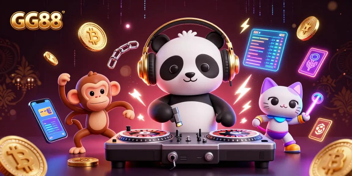 GG88 entertains players with vibrant gaming fun using DJ panda, monkey, and kitten in a dazzling scene.