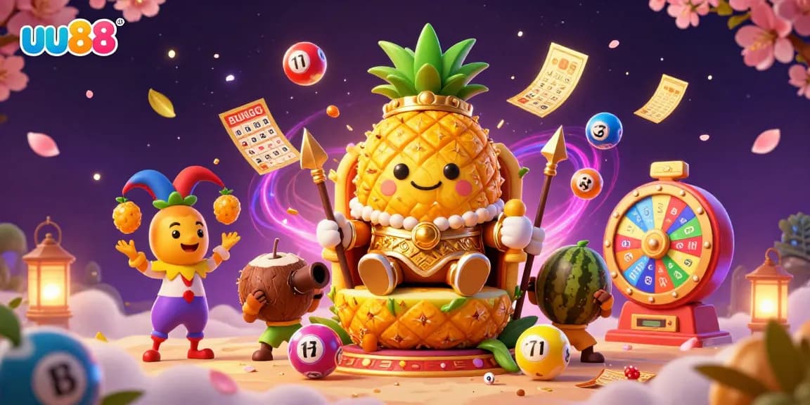 Experience vibrant gambling fun with uu88's dynamic beach casino scene featuring colorful lottery elements and characters.