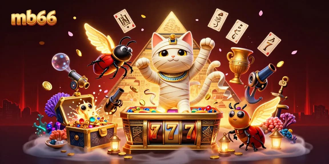 Enhance your gaming experience at mb66 with a vibrant casino scene featuring an Egyptian mummy cat and glowing treasures.