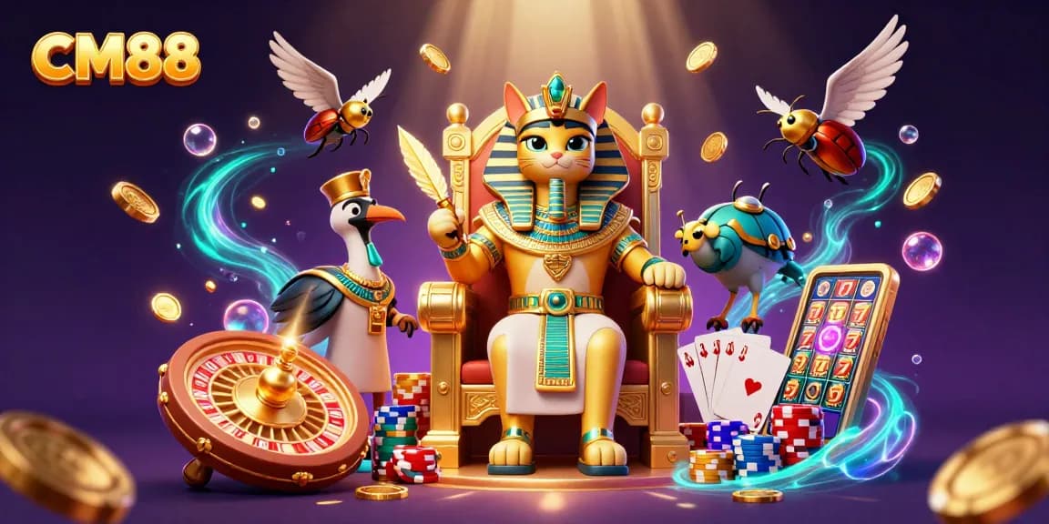 Engage in thrilling gameplay with CM88's vibrant Egyptian-themed casino scene featuring a golden pharaoh cat, spinning roulette, and sparkling gems.